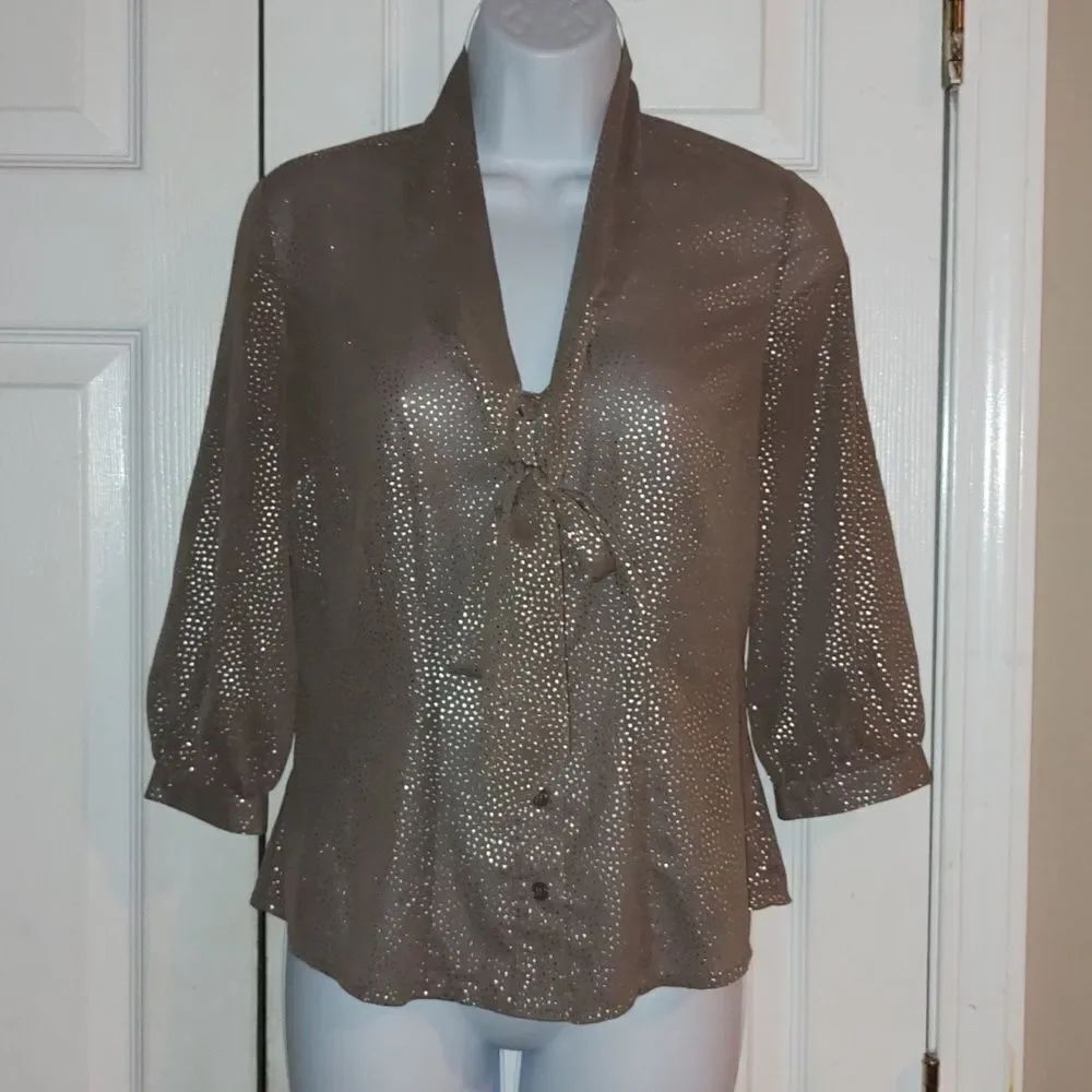 The Limited sheer Taupe with metallic silver dot pattern button down Sz XS NWOT